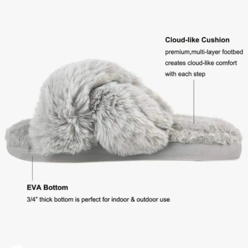 Halluci Slippers Cross Band Plush Slip On SM 6 Padded Footbed Grey Gray - Image 3