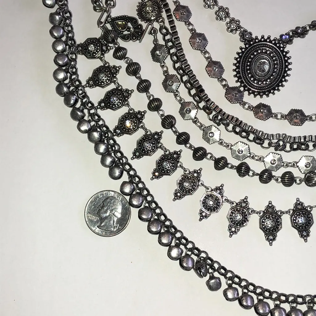 Elegant Silver Tone Layered CZ Rhinestone Bells Boho Necklace - Image 5
