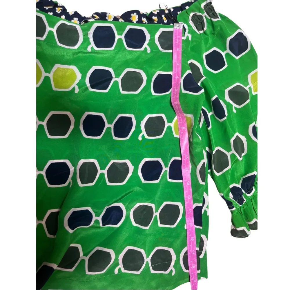 Equinox Sunglass Print Off-The-Shoulder Silk Green Blouse Small - Image 11