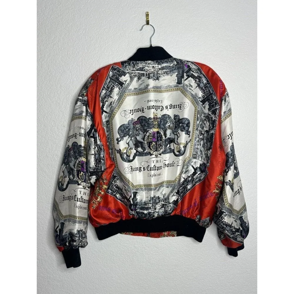 Vintage Woman's BOMBER JACKET OLD WORLD GRAPHIC SCARF MATERIAL ‼️‼️‼️ Red Size L - Image 6