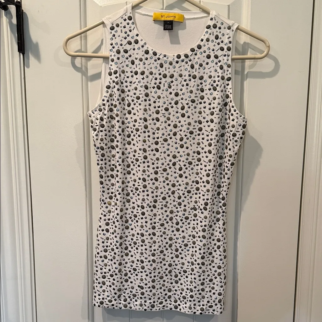 ST JOHN Embellished Sleeveless Tank Top White Silver Studded Couture Lux Shell - Image 8