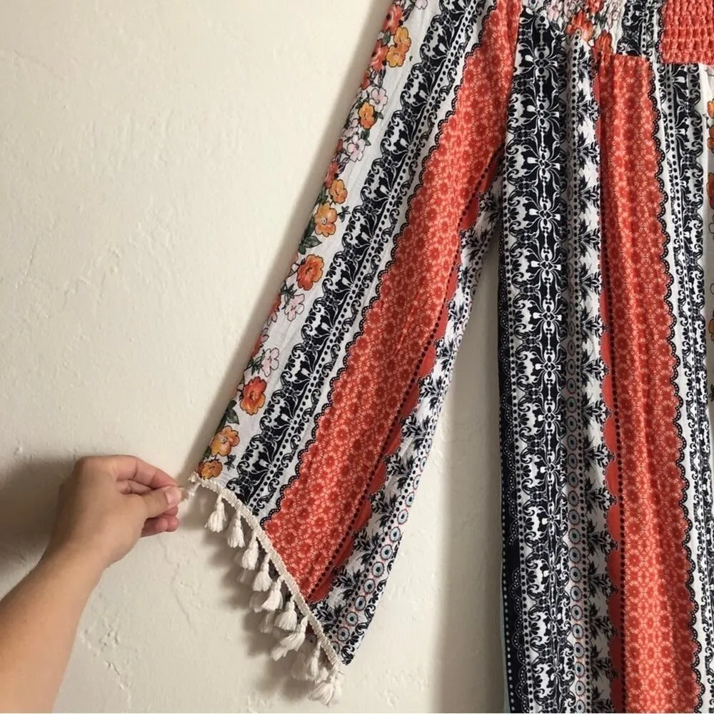 Military Hippie Mutli Color Patterned Striped Long Sleeve Boho Beach Mid Dress - Image 3