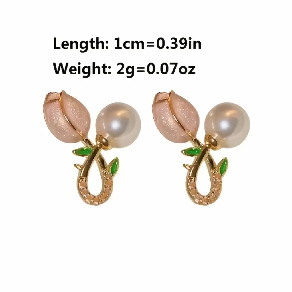 Needle Pearl Tulip Flower‎ Style Stud Earrings Gold Plated Faux Fashion Jewelry - Image 7