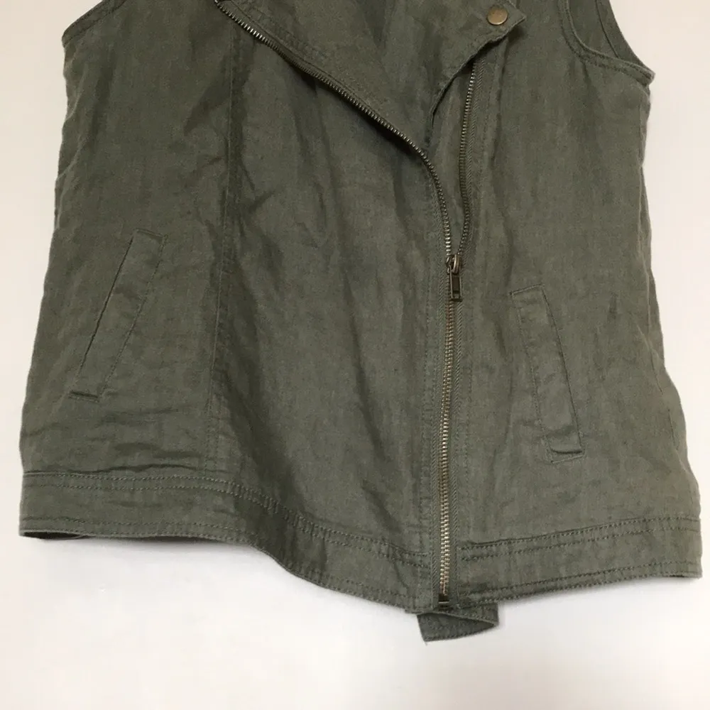 Cynthia Rowley S Linen Army Green Moto Style Zipper Slash Pocket Collared Vest - Image 2