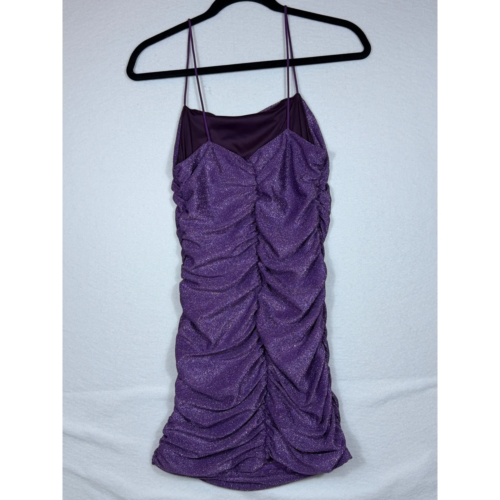 SHEIN Petite S Ruched Glitter Party Prom Dress Mini Purple Spaghetti Strap - Image 6