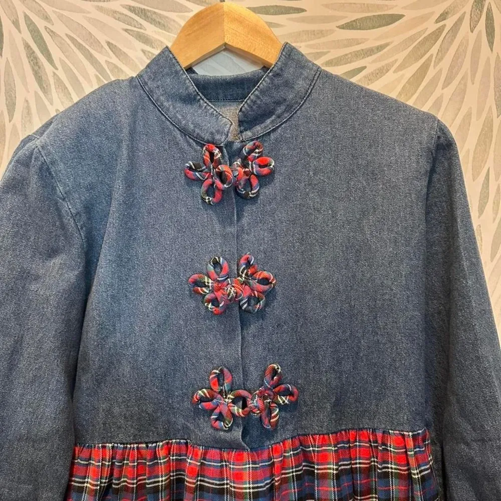 Vintage Alexandra Lee Denim Plaid Long Sleeve Cotton Dress Size 6 Made in USA Blue - Image 4