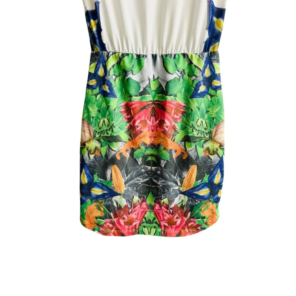 Morena Rosa Brazilian Tropical Floral Printed Logo Blouson Short Sleeve Dress XS White Size 2 - Image 9