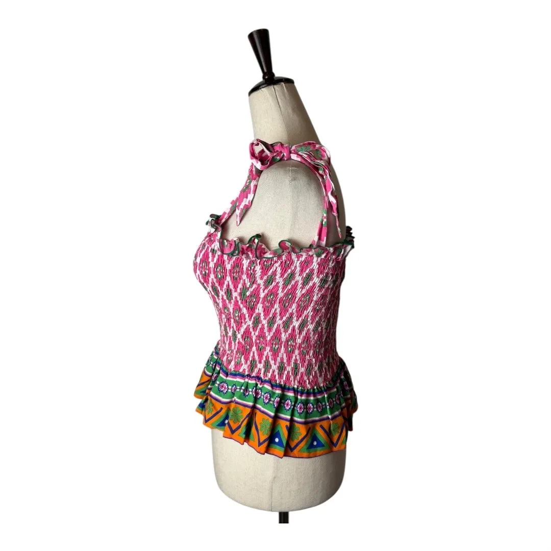 Feather & Find Shirt Women XS Pink Geometric Shiva Boho‎ Luxe Smocked Tie Strap - Image 7