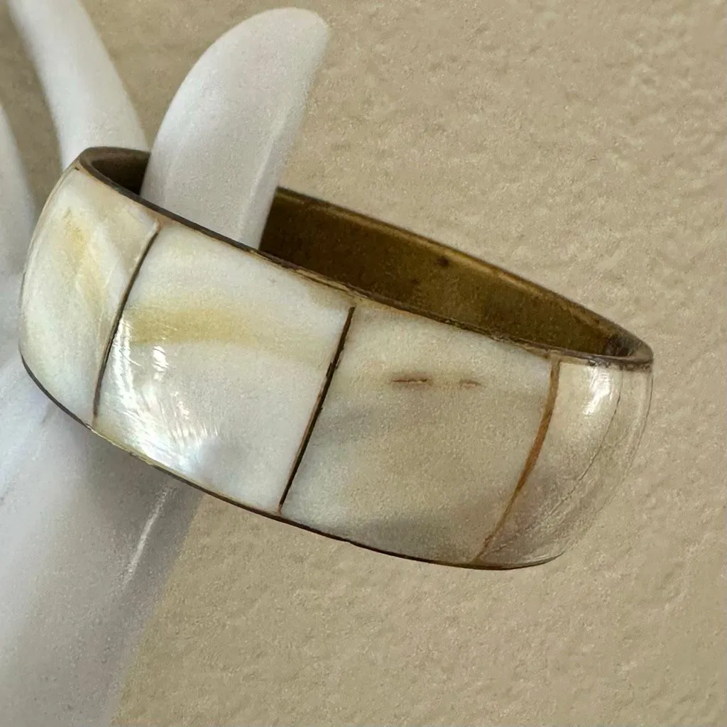 Vintage Brass & Inlaid Shell Bangle Bracelet - Image 4