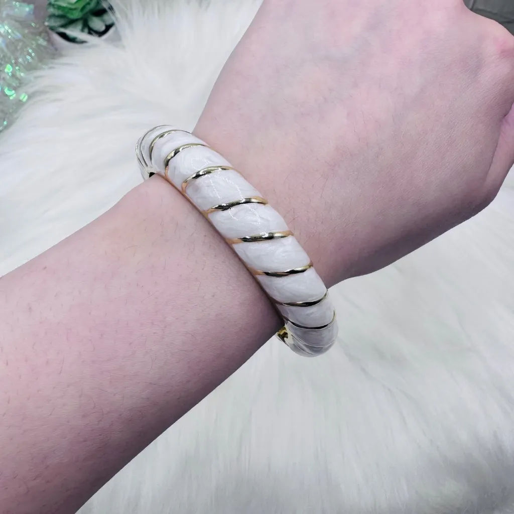 Ivory Beige with Gold Stripe Design Thick Enamel Bangle Bracelet - Image 3
