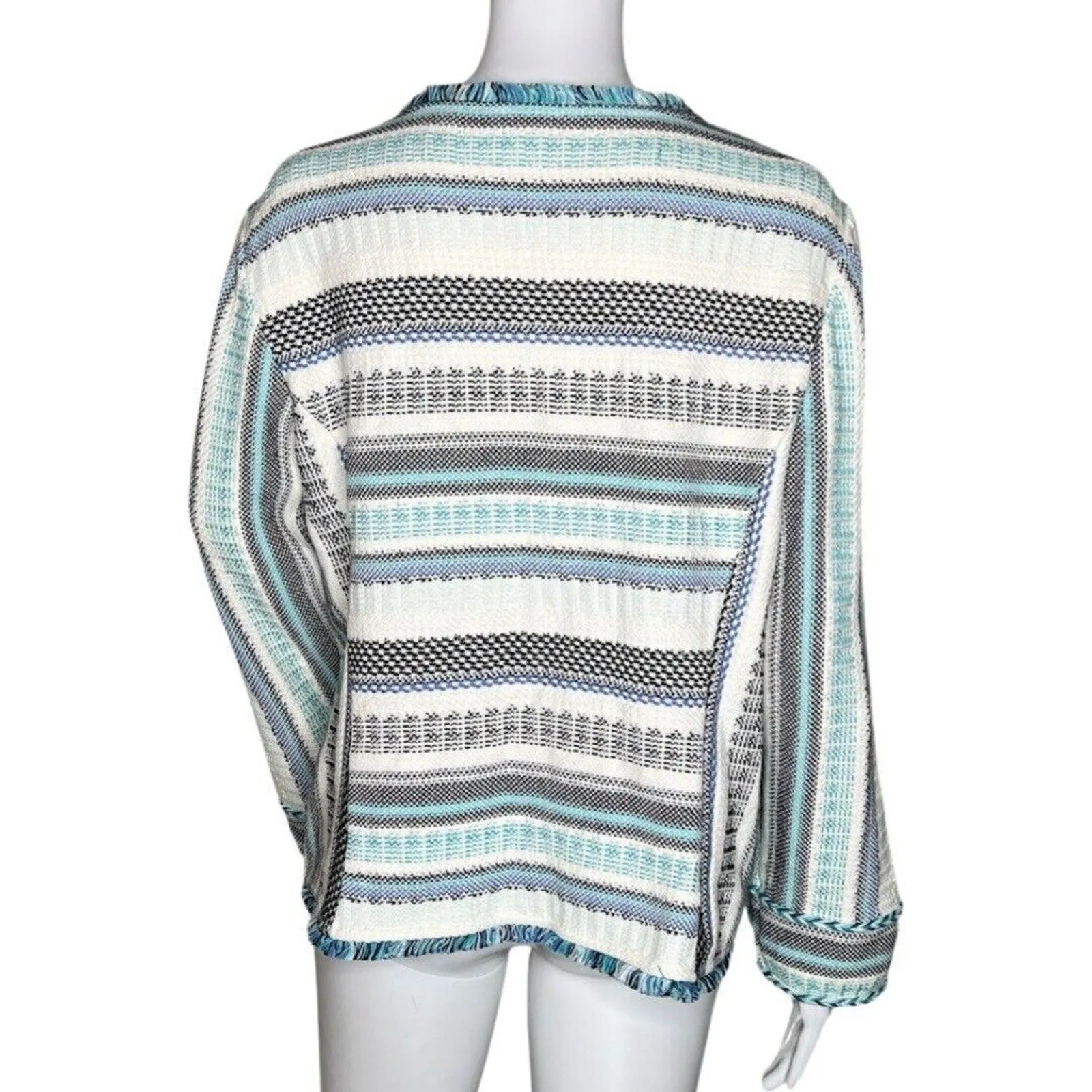 Chicos Sweater Womens Large White‎ Blue Stripe Tweed Cardigan Preppy Casual - Image 4