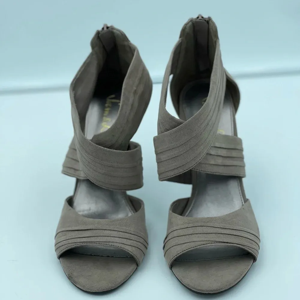 Sam & Libby Taupe Suede Peep Toe High Heel Sandals - Women's Size 9M - Image 6