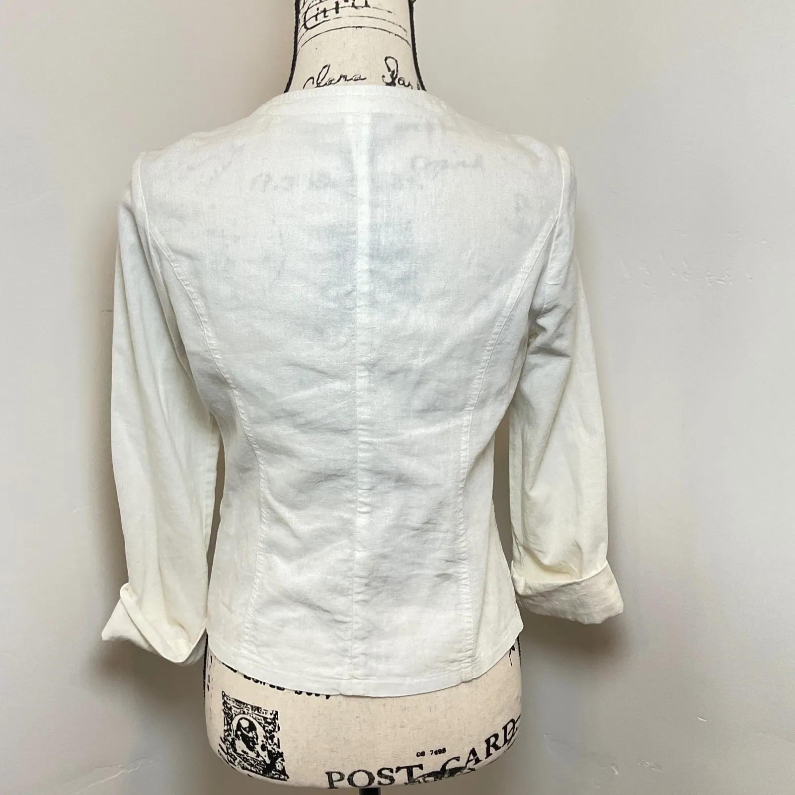 White Linen Blend Open Front Collarless Blazer Jacket Size S - Image 3