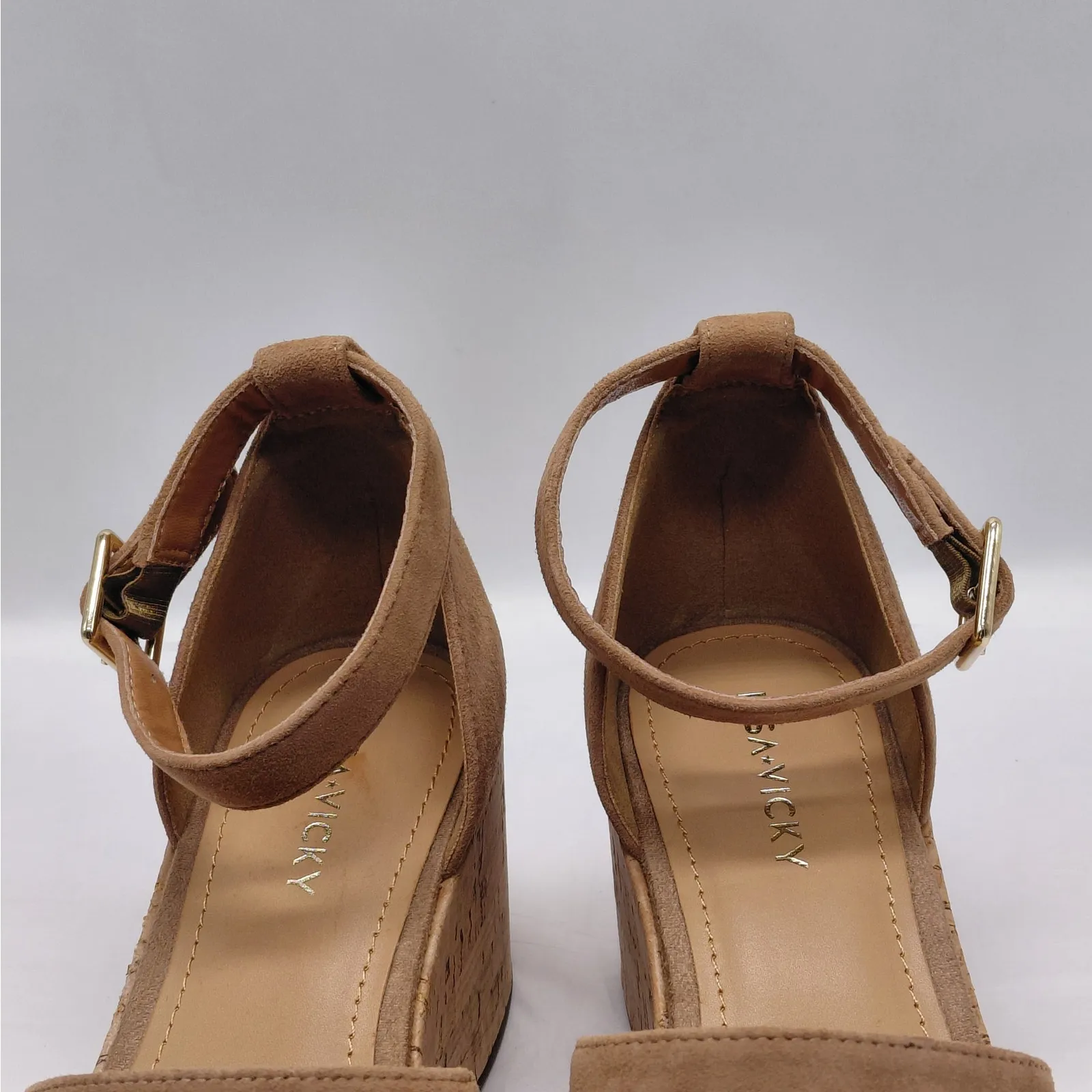 Lisa + Vicky Suede Cork Platform Wedge Sandals Women's 7M Tan Minimalist Shoes Size 7 - Image 7