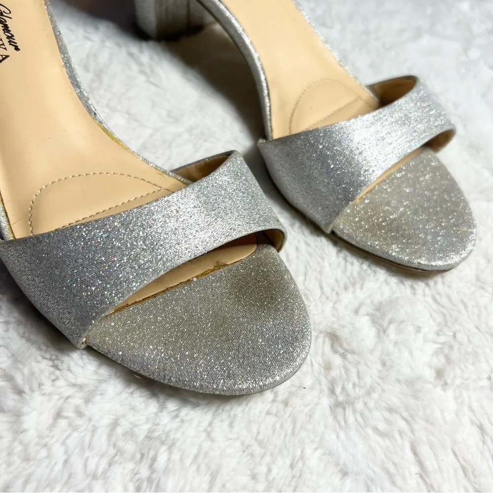 Badgley Mischka Silver Glitter Rhinestone Embellished  Ankle Strap Block Heels - Image 3