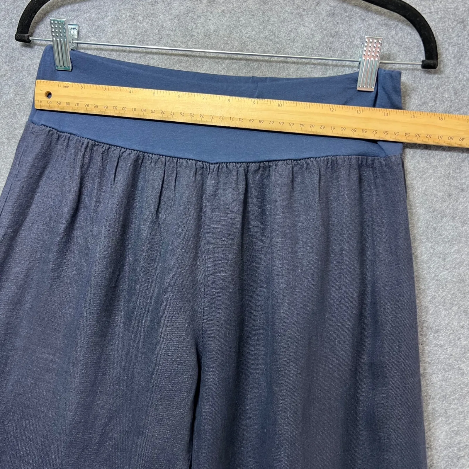 Made in Italy Linen Wide Leg Crop Pants Navy Elastic Waist Boho Fringe Trim L/XL Blue Size L - Image 2