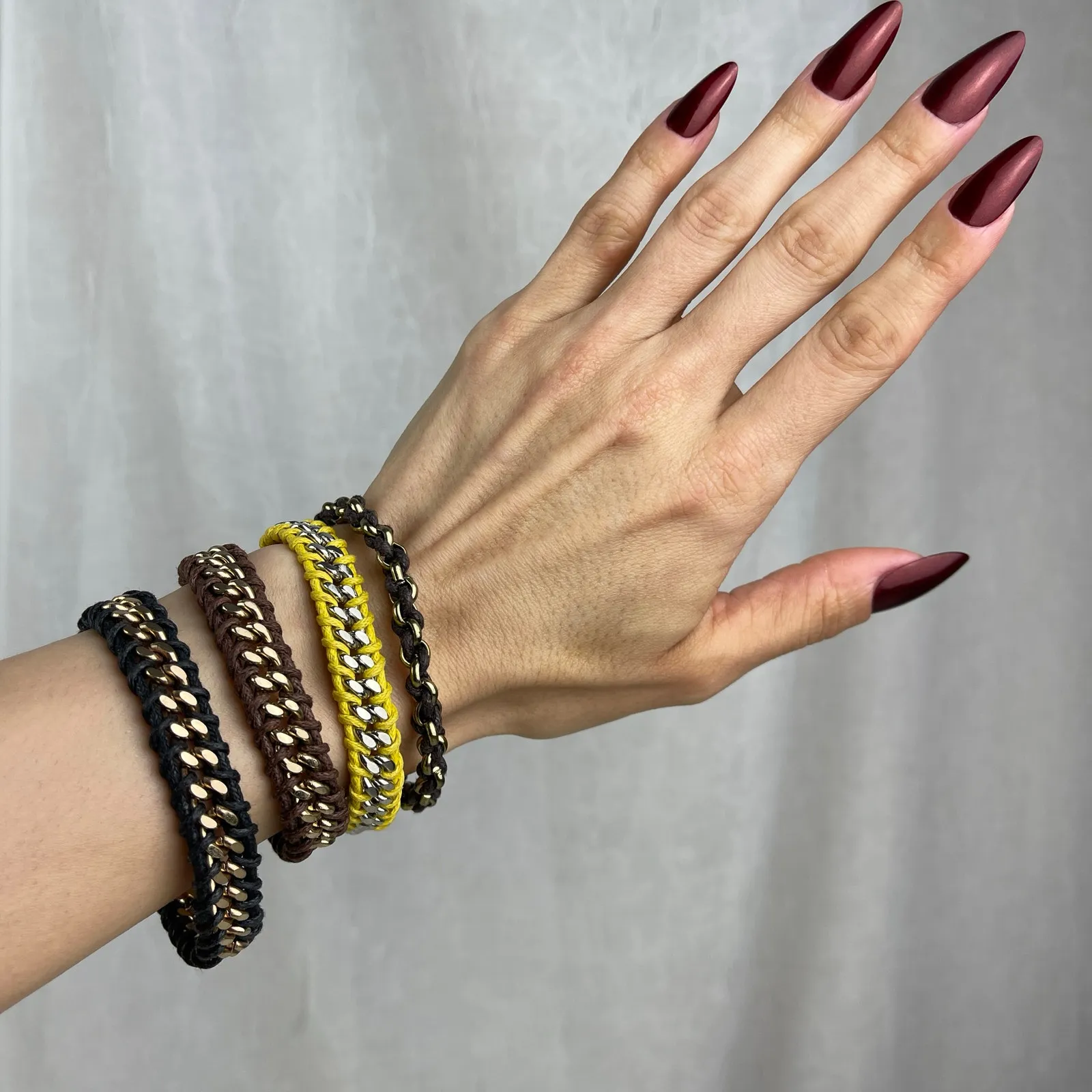 4 Chain Link Braided Bracelets Set Gold Silver Tone Black Brown Yellow Cord NWOT - Image 1