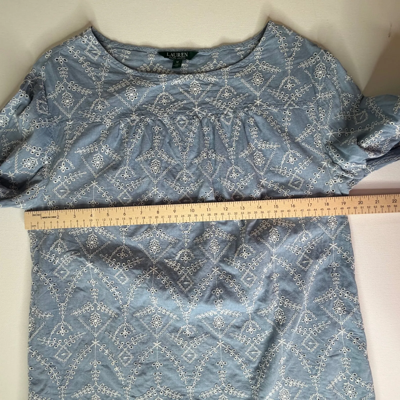 Lauren Ralph Lauren Eyelet Embroidered Blouse Medium Blue Cotton Cottage Preppy - Image 8