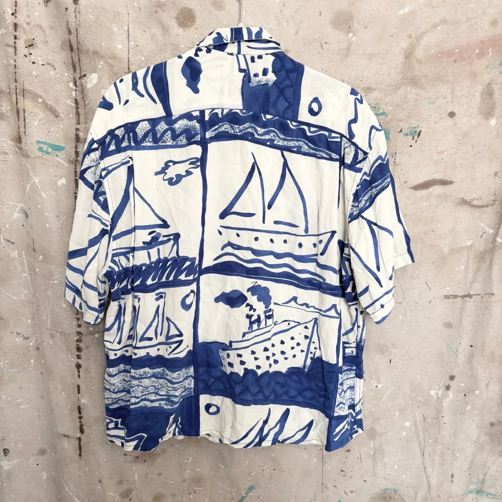 Vintage Jams World Sailboat Print Button Down Shirt Blue - Image 3