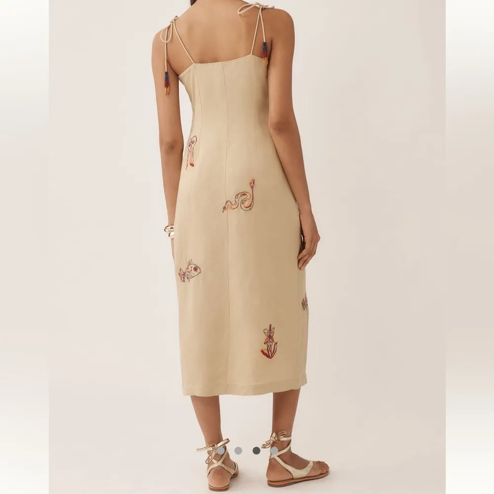 FARM Rio x Anthropologie Tan Embroidered Linen Blend Midi Dress NEW small - Image 6