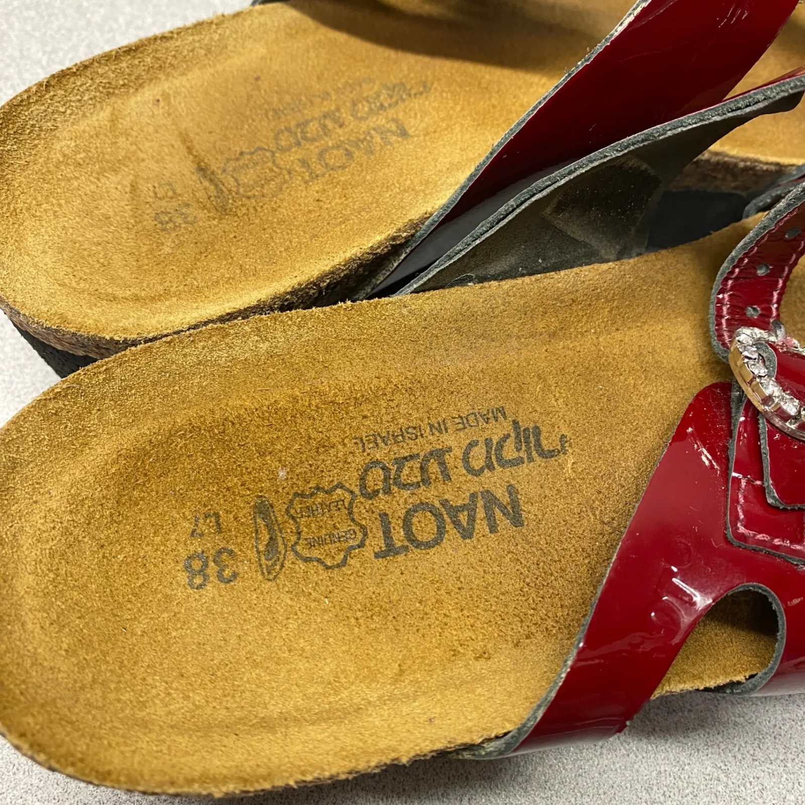 NAOT Red Patent Leather Rhinestone Buckle Footbed Sandals Women Size 38 FLAWED - Image 13