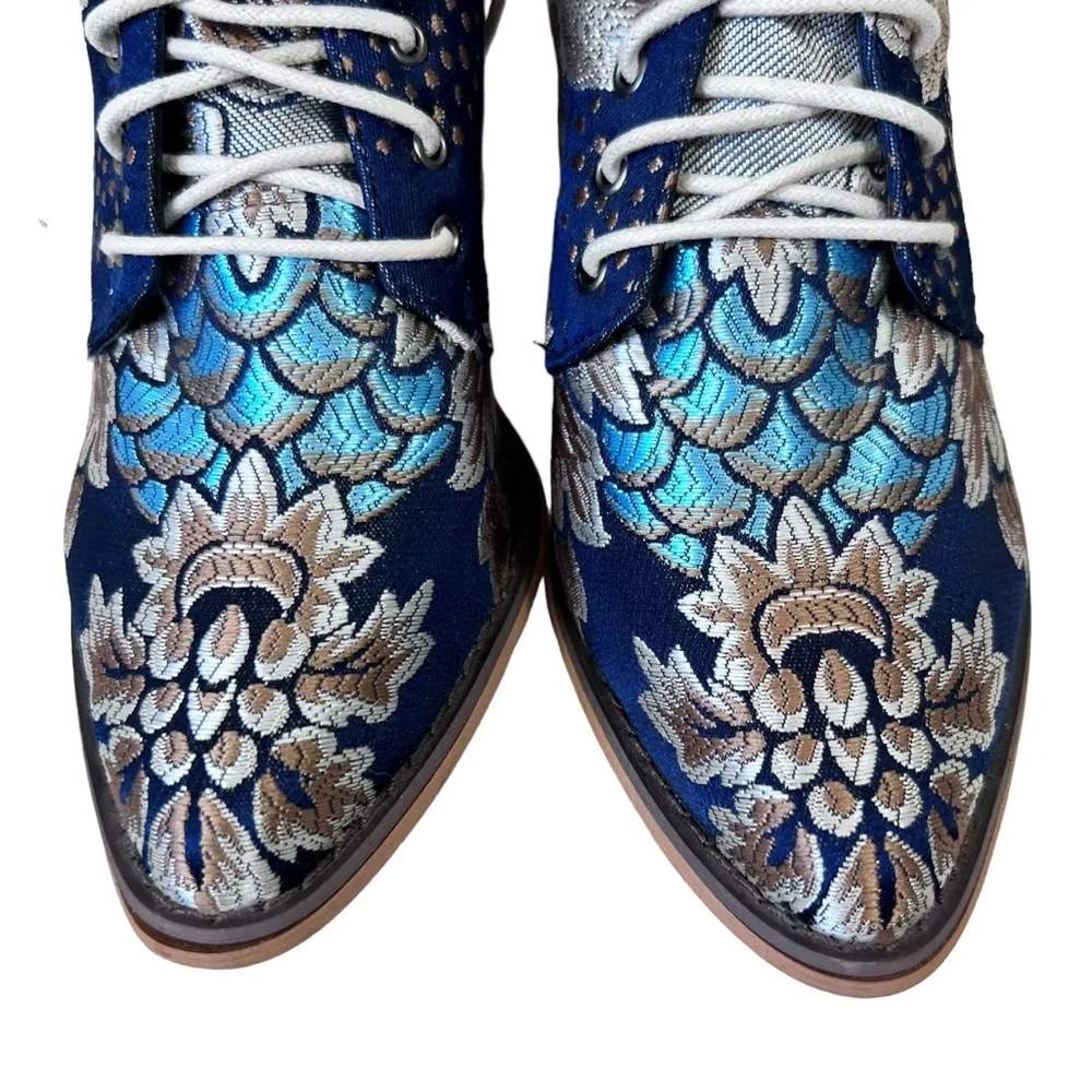 Vintage Satin Floral Embroidered Block Heel Cowboy Ankle Booties Blue Size 7 - Image 5