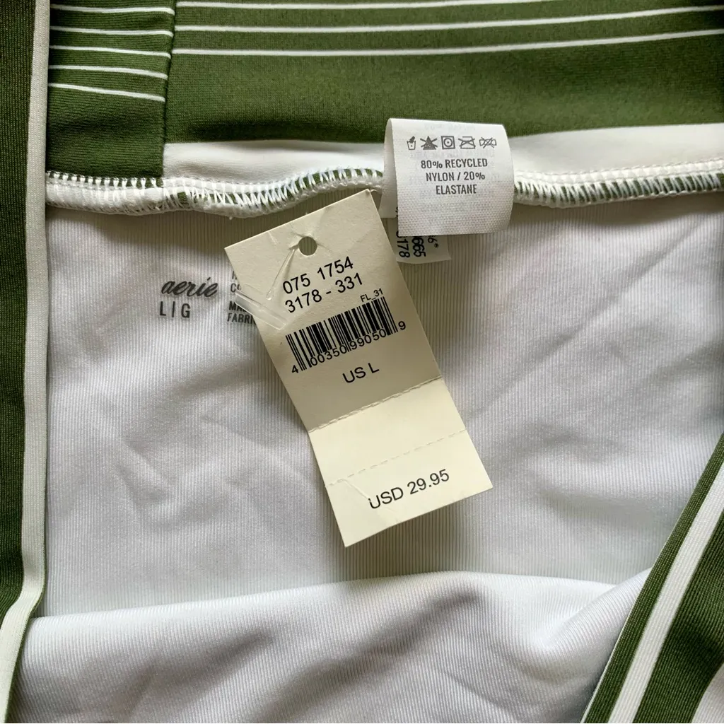 Aerie High Cut Cheeky Bikini Bottom Green and White Stripe - Image 2