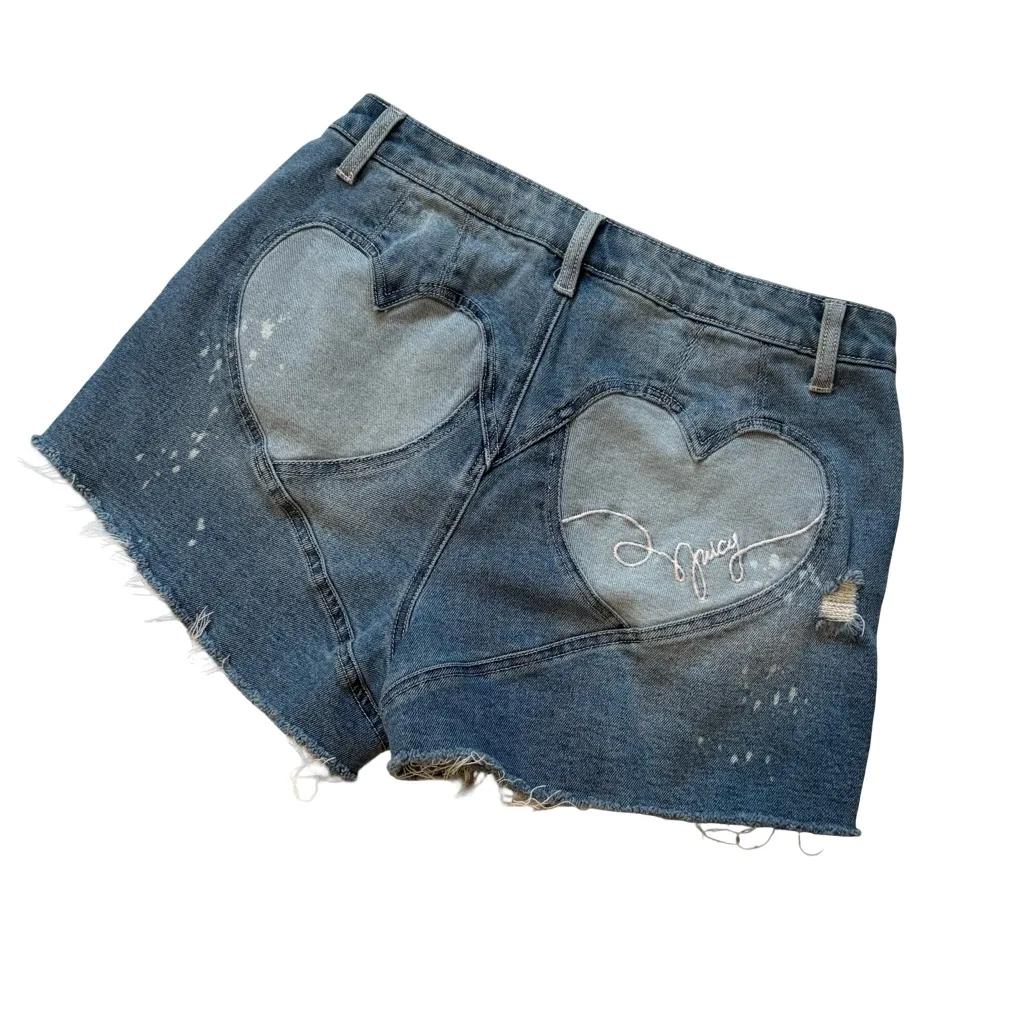 Juicy Couture Heart Embroidered Distressed Cutoff Denim Jean Shorts, Sz 29 - Image 6
