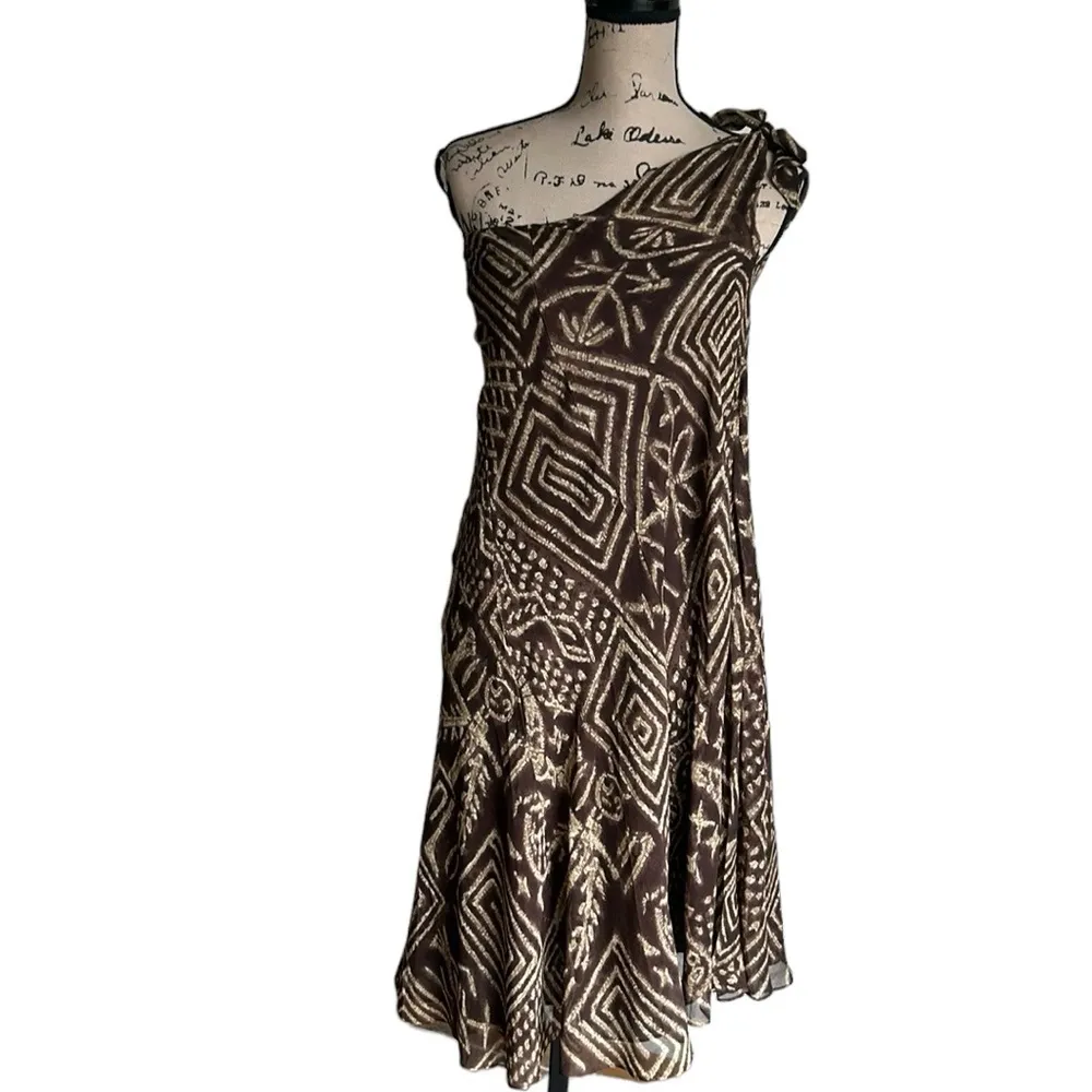 Ralph Lauren One Shoulder Aztec Print Silk Brown Dress Sz 2 NWT - Image 3