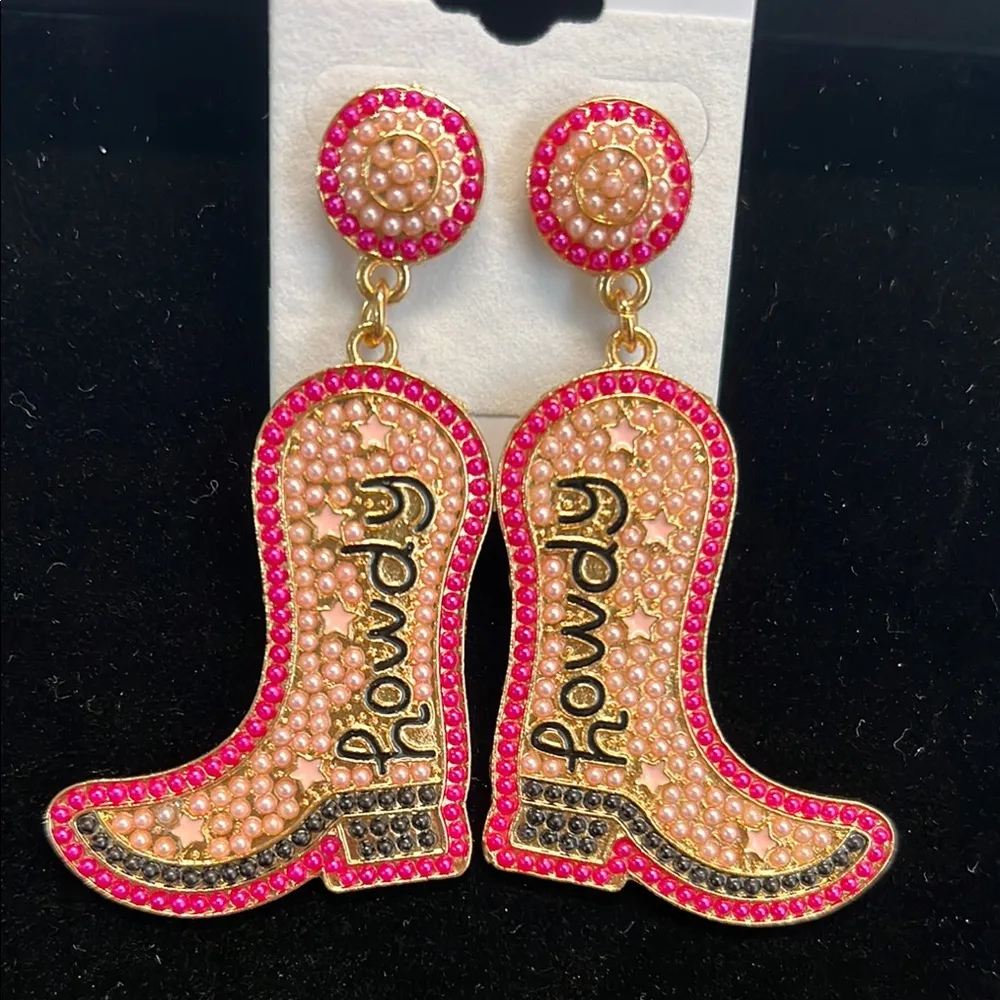 ✨Pink, Gold & Black Cowgirl “Howdy” Boot Earrings 🩷🤠 Pink - Image 2