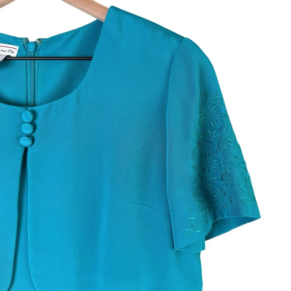 Talbots Vintage Silk Midi Dress in Teal with Attached Short Sleeve Cardigan Sz 8 - Image 4