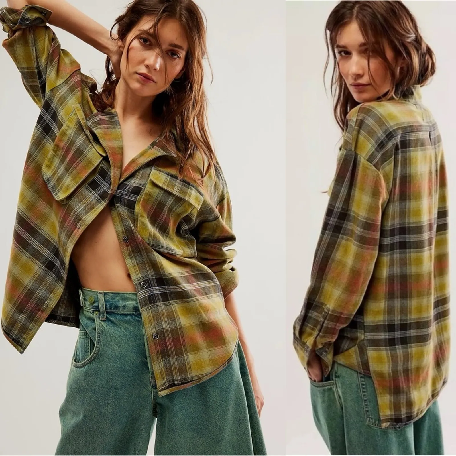 Free People Grunge 90s Flannel Plaid Izzie Cargo Shirt Jacket Shacket Medium - Image 6
