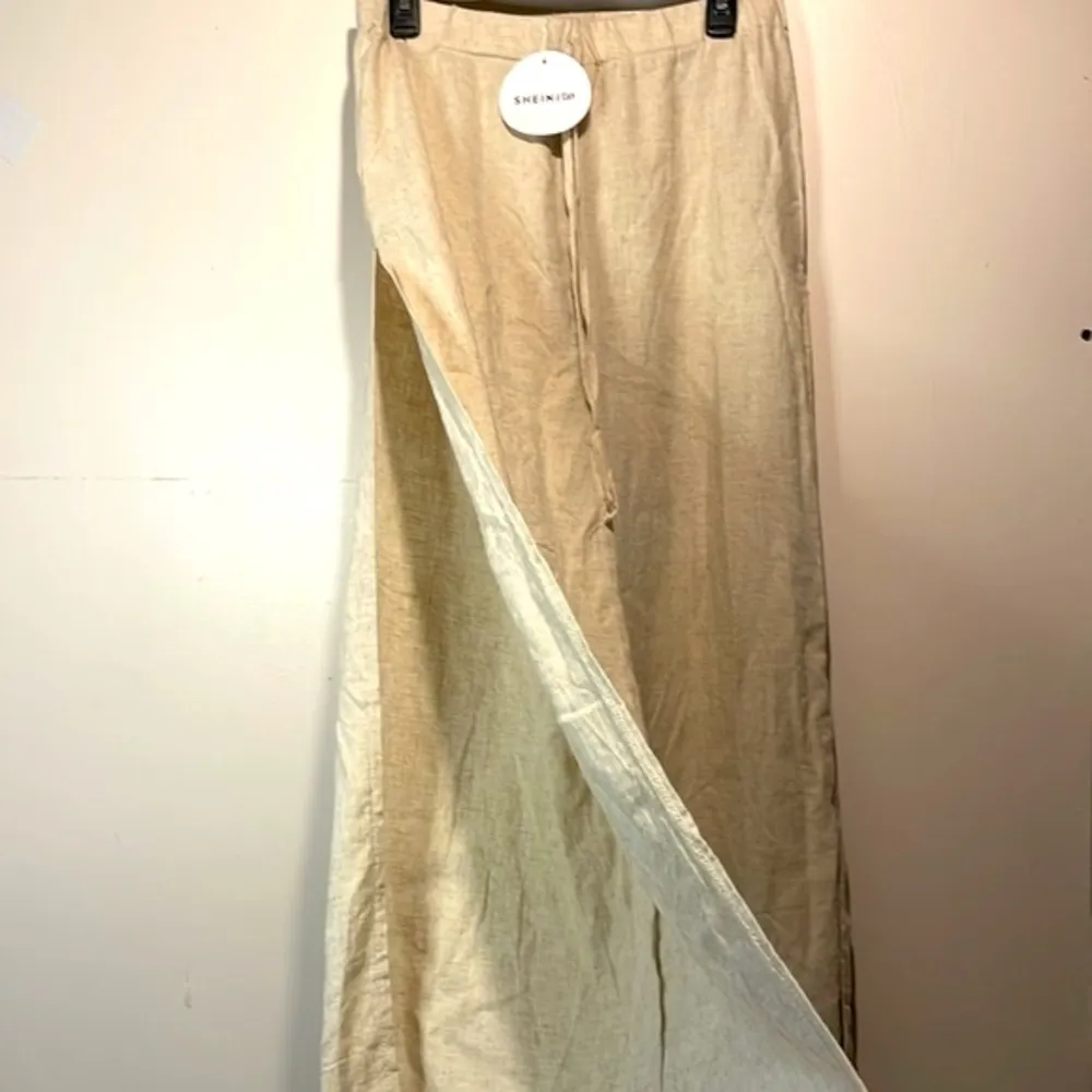 SHEIN- NWT Linen Blend Vcay Wide Leg Full Side Slit Beach Vacation Pants Size L - Image 5