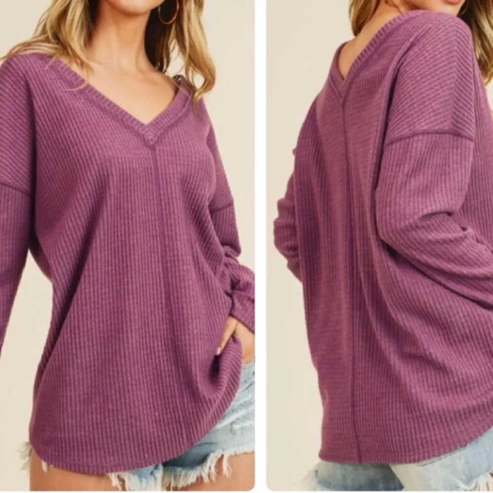 ‎Waffle Brushed Knit V Neck Top - Image 2