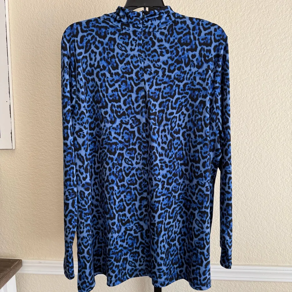Animal Print Long Sleeve Mock Neck Blue Black Leopard Print Stretch Blouse XL - Image 2