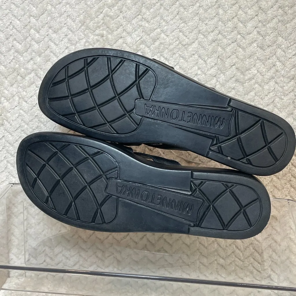 Minnetonka Black Leather Sandal Silver Tone Details Women Size 9 90s rocker boho - Image 6
