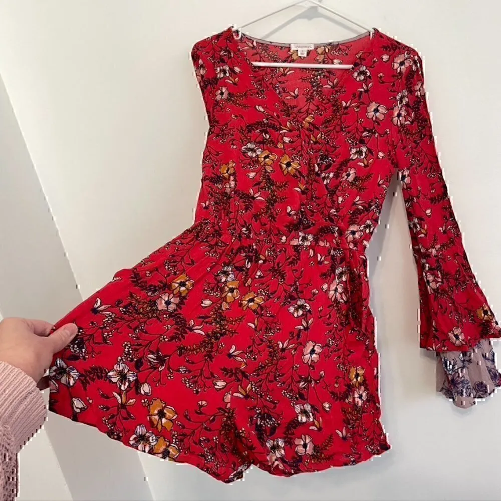 XHILARATION Coral Red Multi Floral Long Bell Flare Sleeve Wrap Surplice Romper S - Image 9