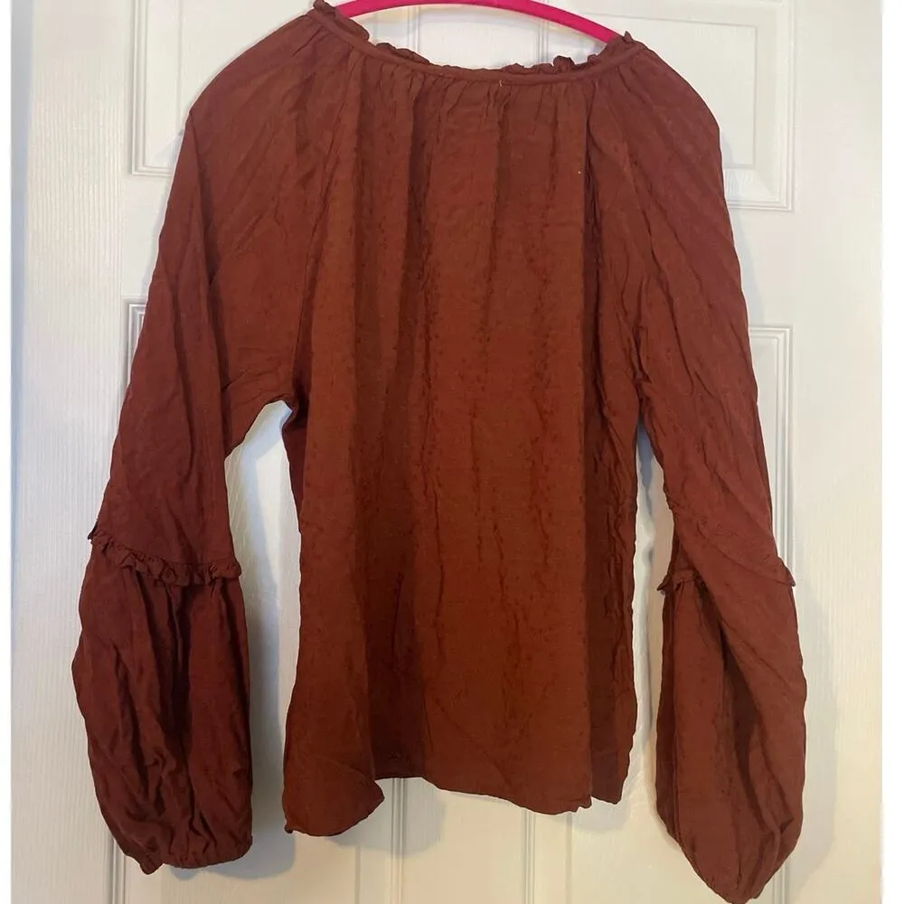 Knox Rose Peasant Shirt Ruffle Sleeve V-Neck with Ribbon Closure Rusty Brown Med - Image 5