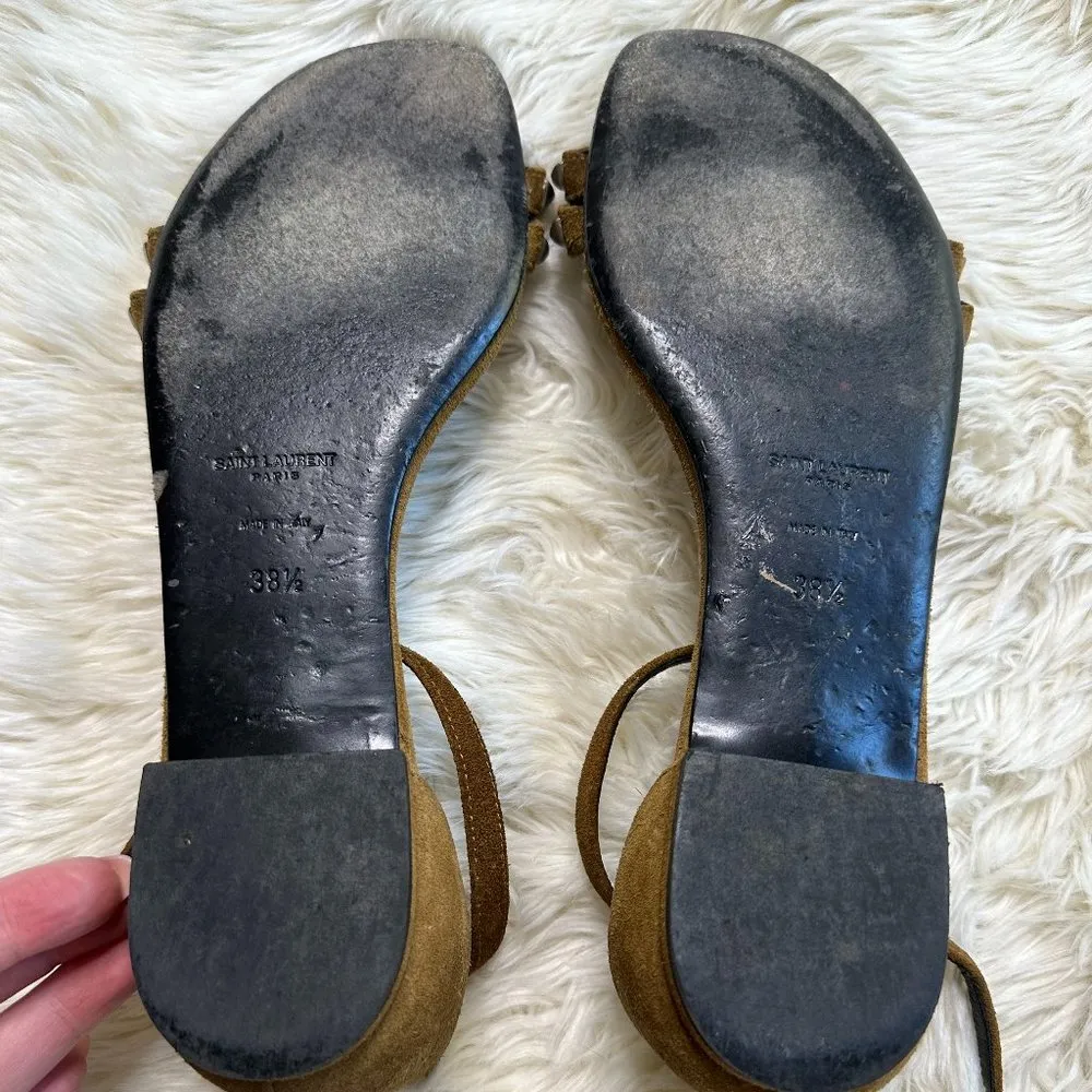 Saint Laurent Tan Studded Suede Ankle-Strap Flat Sandal Women's 38.5 - Image 7