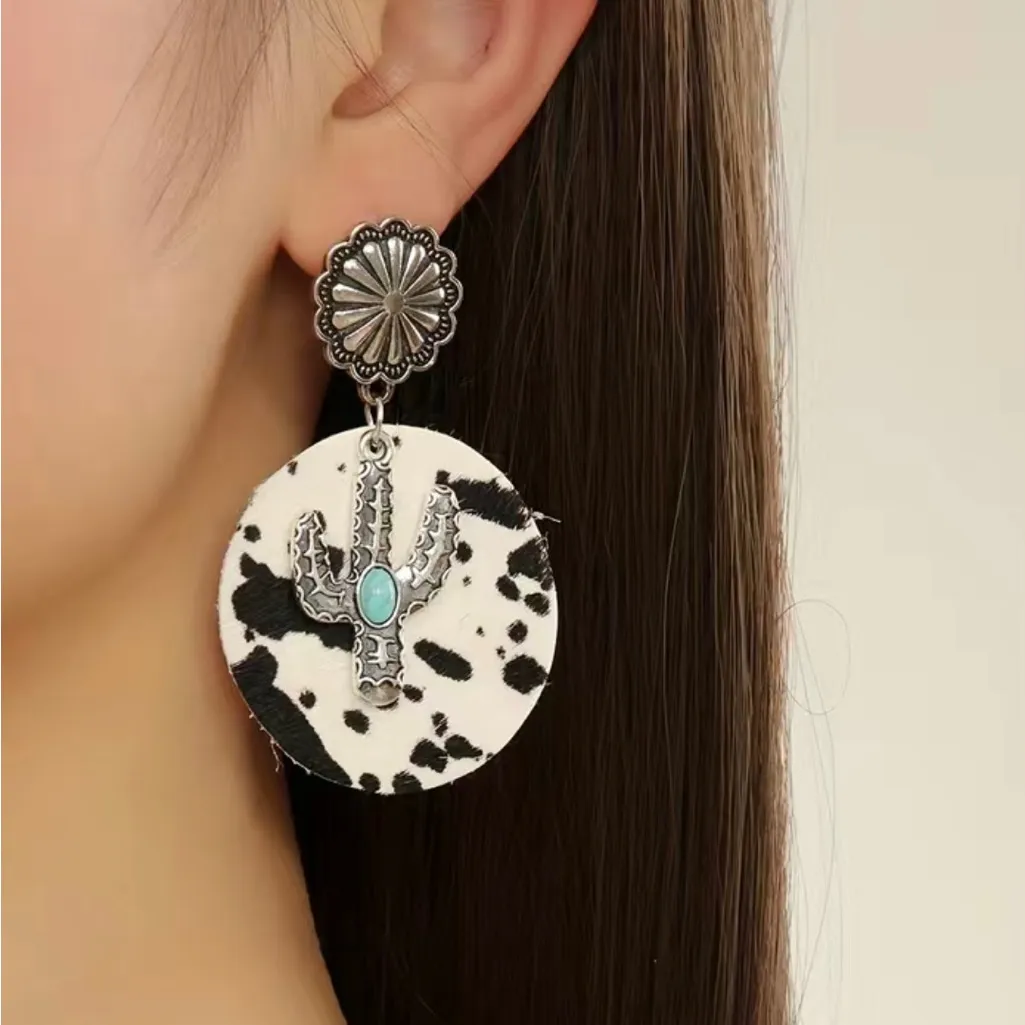 Cow pattern cactus with turquoise decor‎ dangle ethnic style earrings Black - Image 2