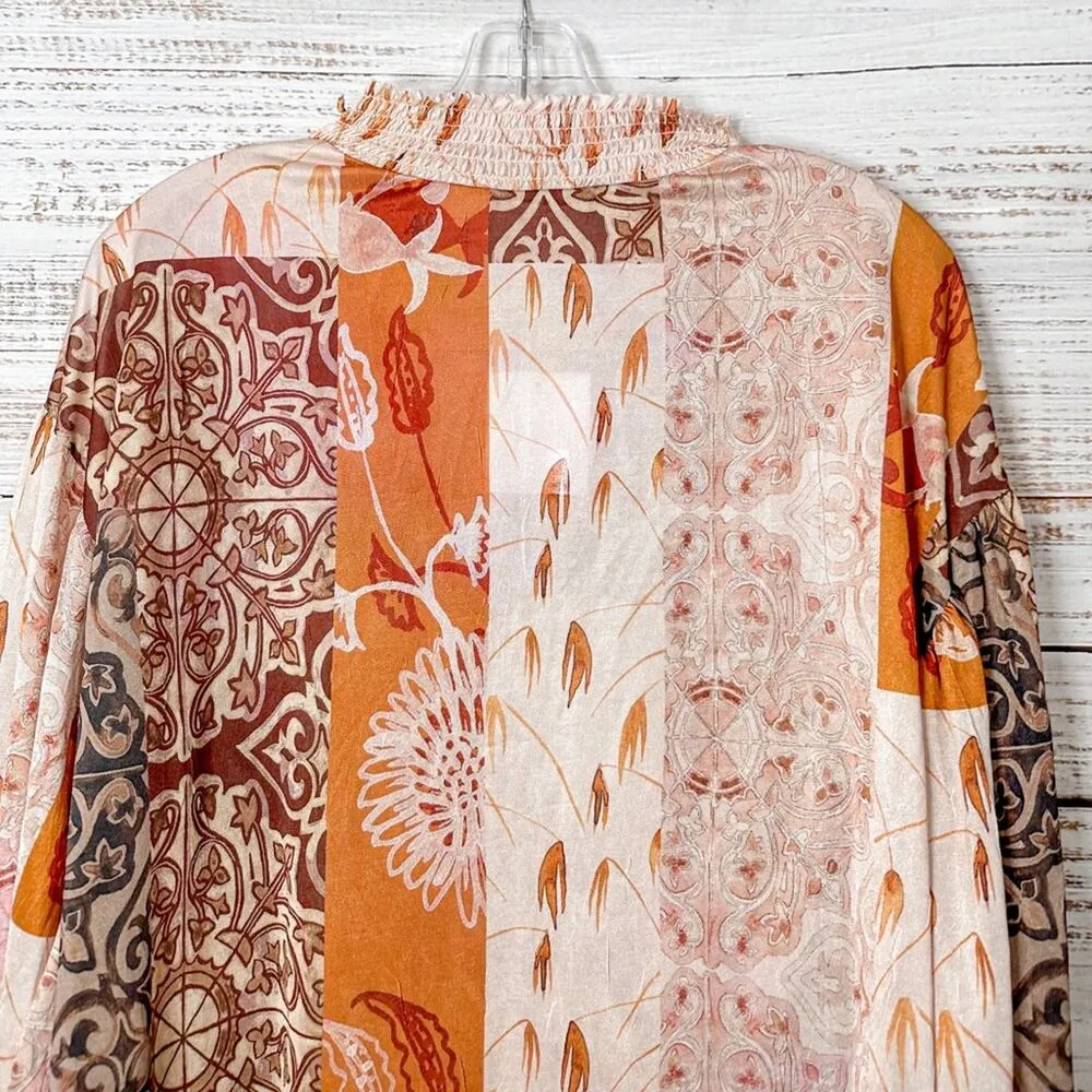 NEW Zara Patchwork Silky Soft Floral Peasant Peplum Tie Neck Blouse, Medium - Image 14