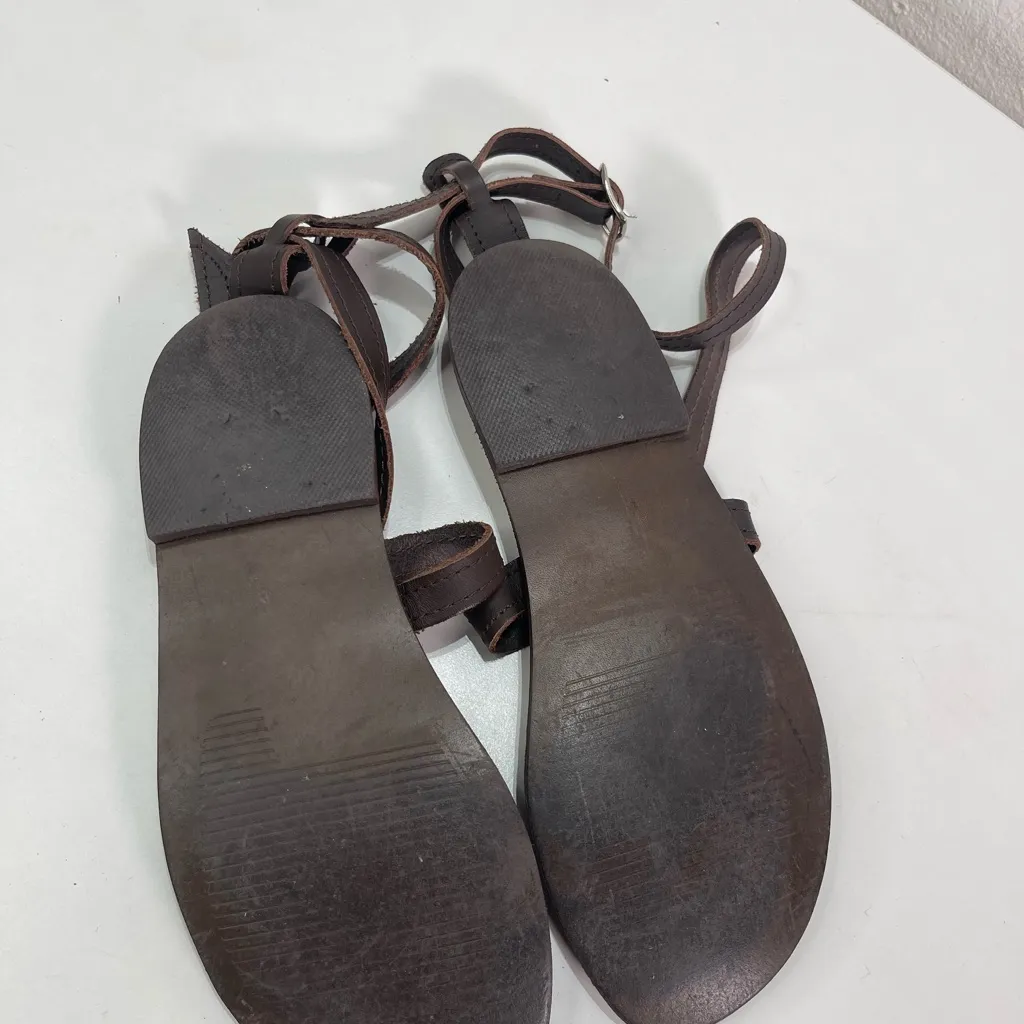 Espresso Brown Women 38 (7) Thong Strappy Sandals Leather Rubbersole Made Greece - Image 6