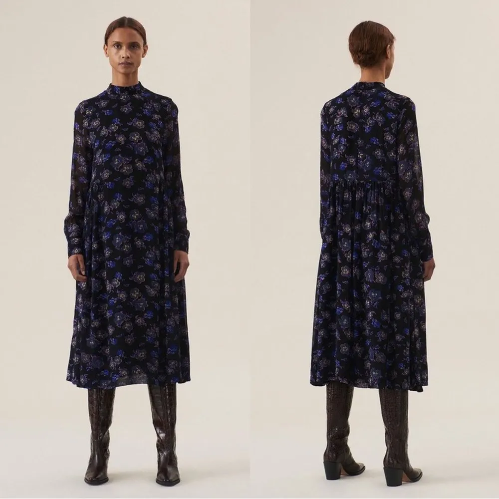 Ganni • Floral Print Georgette Midi Dress black purple flowy chiffon high neck - Image 4