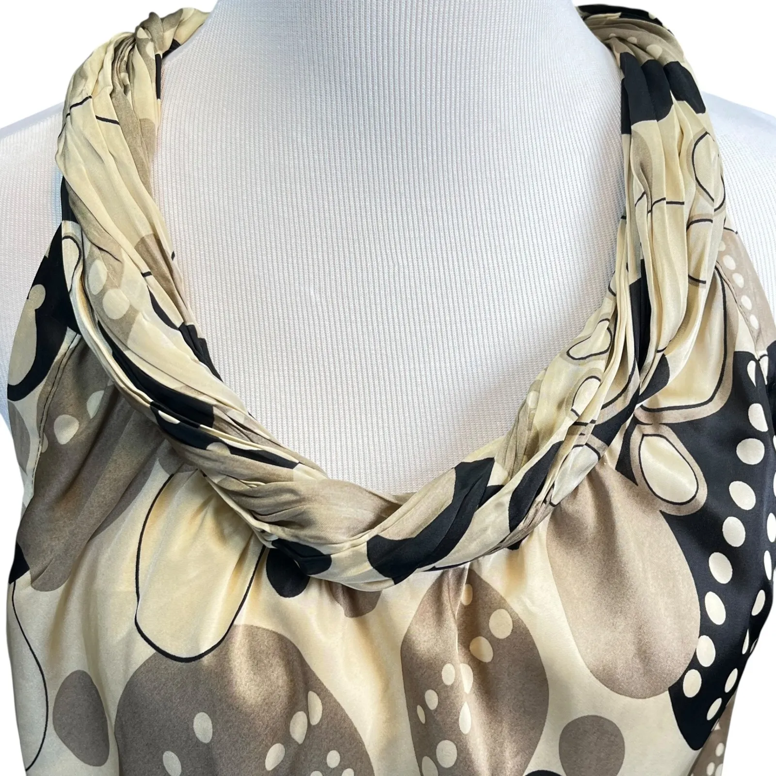 Dressbarn Women's Y2K Sleeveless Halter Top Beige Brown Black Circle Print Large - Image 4