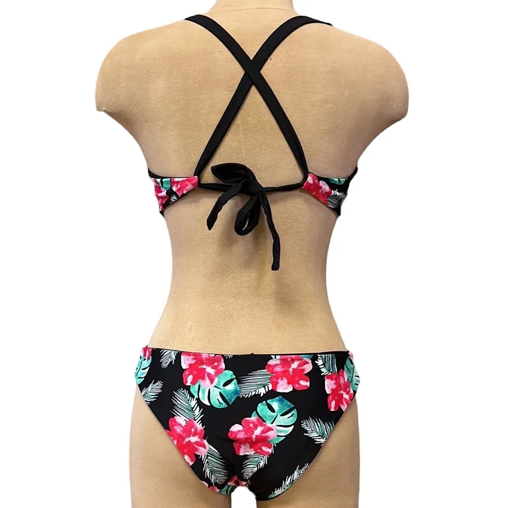 Cupshe Bikini Swimsuit Black Red Floral S Small New - Image 2