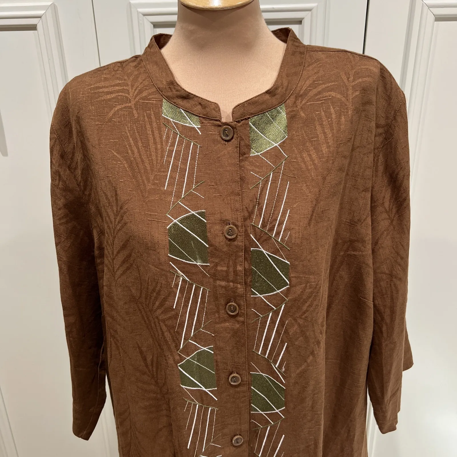 Vtg Erin London Linen Blend Button Up Shirt Jacket Embroidered Bamboo Brown Size 3X - Image 2