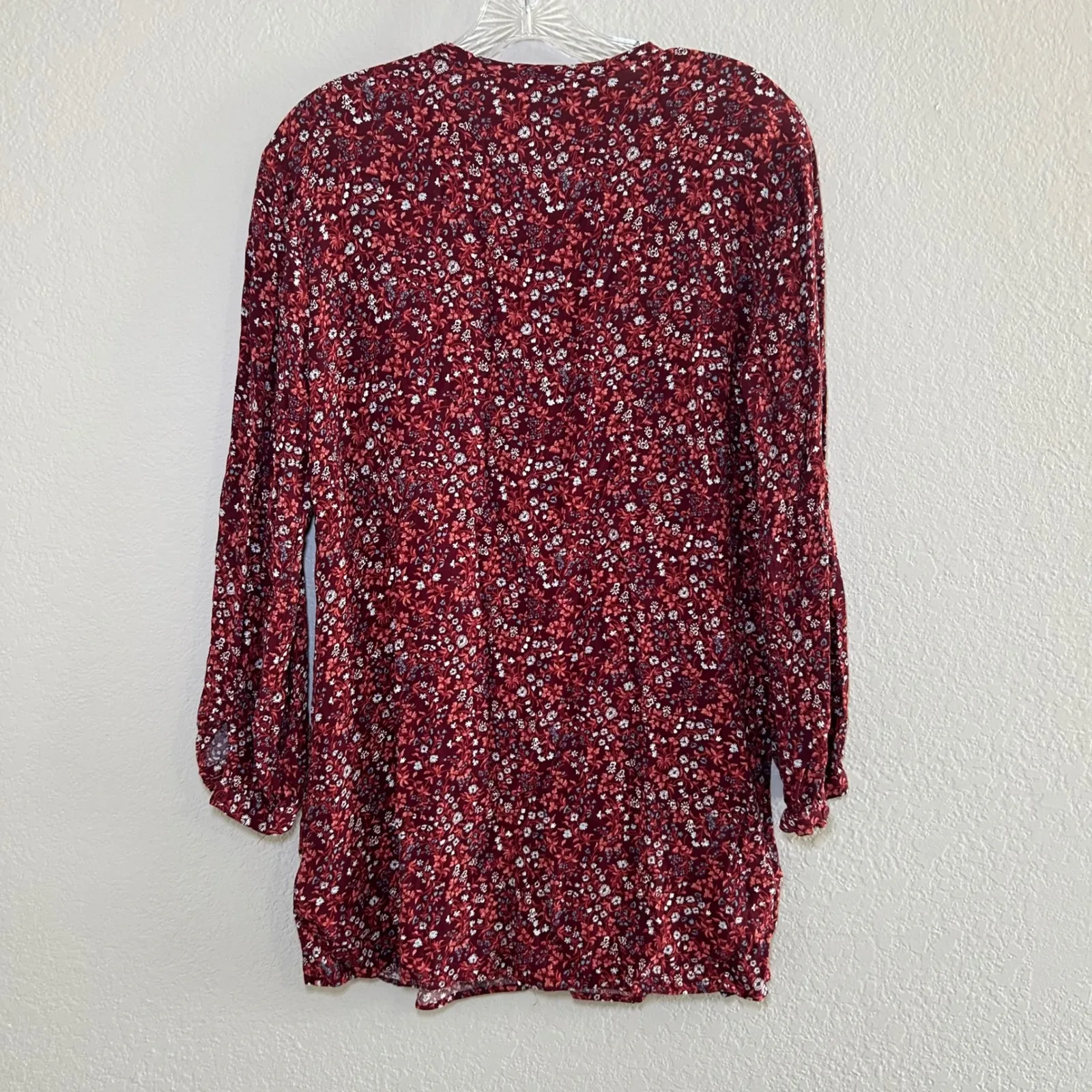Reformation Jeans Dress Small Floral Print Long Sleeve Tie Neck Mini Maroon boho Red - Image 9