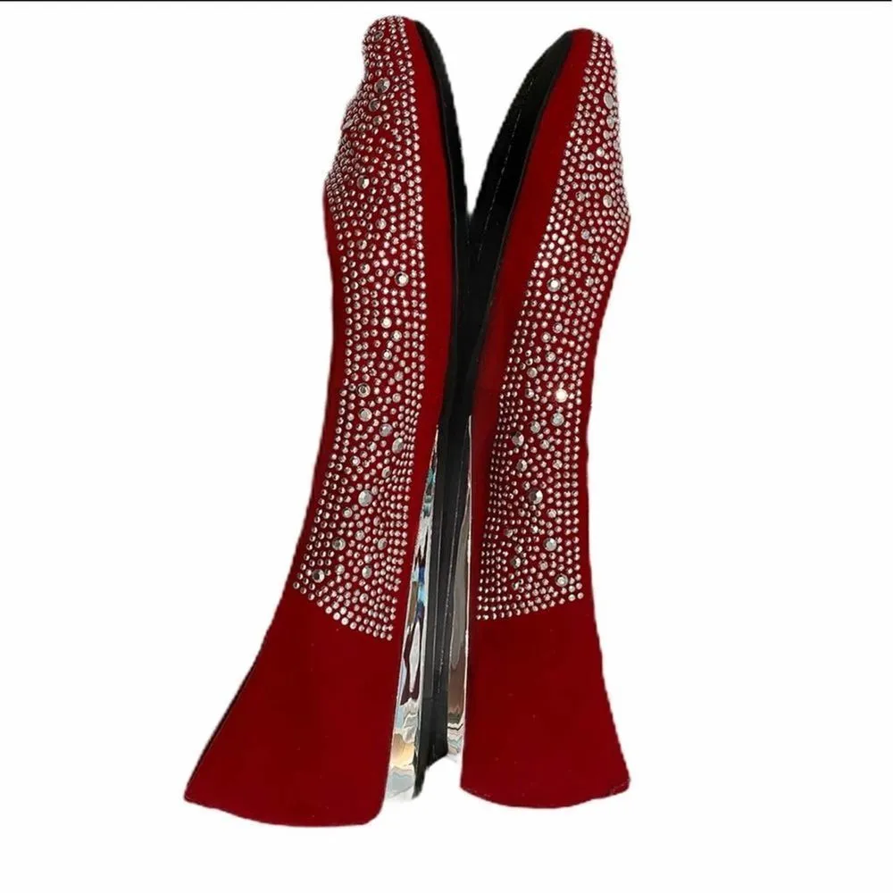 BCBGeneration Alexy Rhinestone Embellished Square Toe‎ Flats Red Silver 6.5 - Image 4