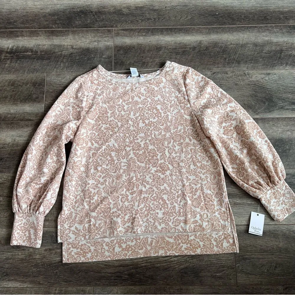 Ophelia Roe NWT Tan Peach Floral Jacquard Puff Sleeve Long Sleeve Blouse Top L - Image 7