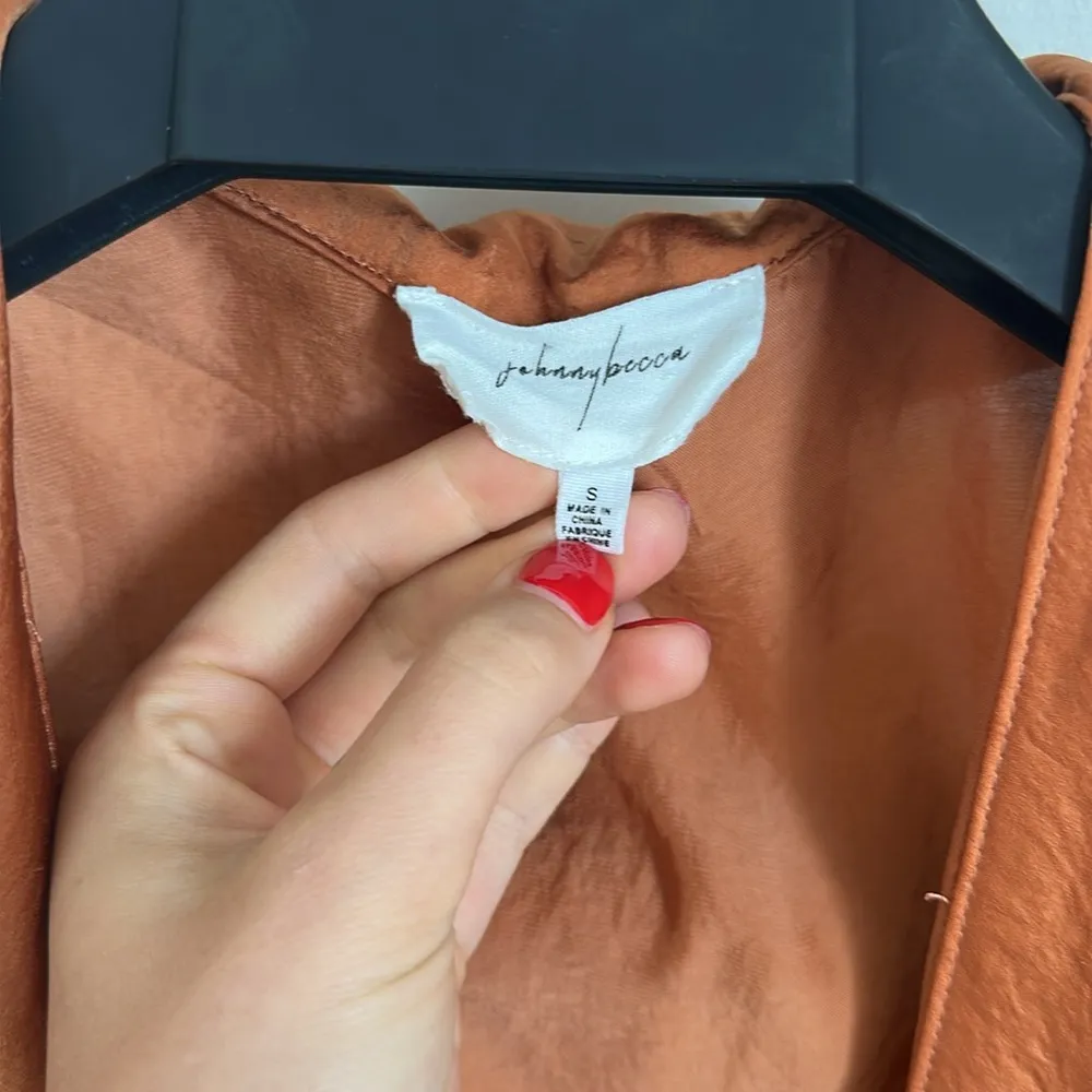 Johnny Becca Rust Orange Camel Satin Wrap Dress - Image 10